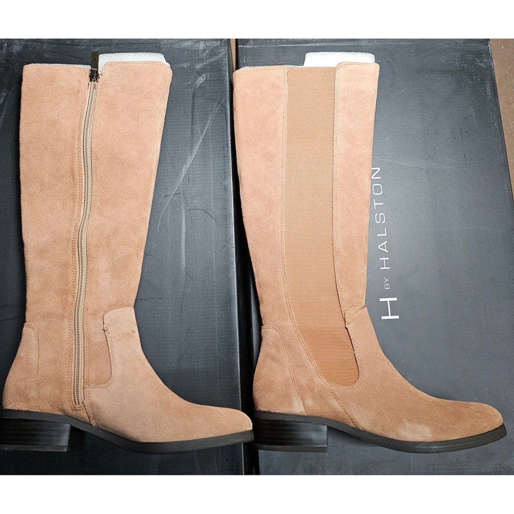 H by Halston Naomi Suede Knee High‎ Boots Tan Elastic Side Zip Block Heel 5.5M - Picture 3 of 15